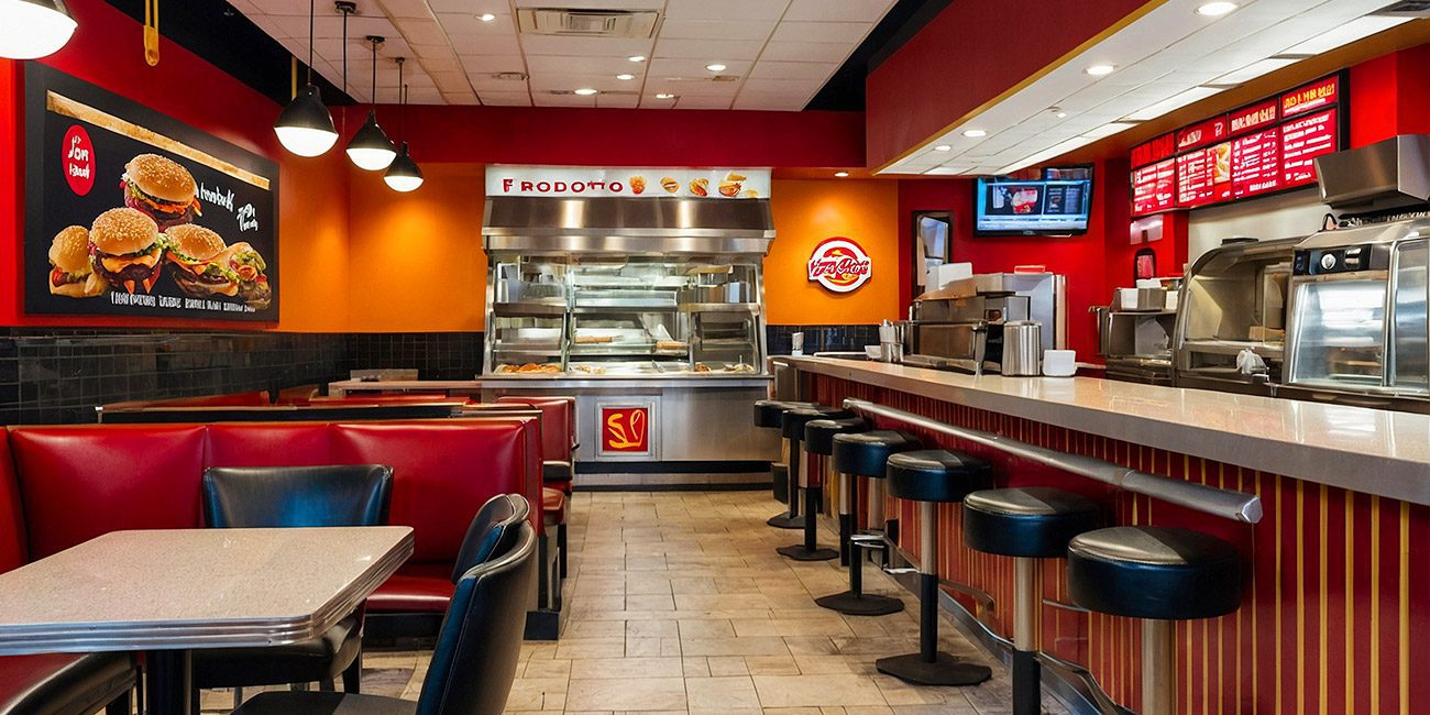 Fast food and casual dining name ideas image showing a bright quick service restaurant interior with red booths, counter seating, menu boards, burger posters, and bold orange and red branding. The image connects with choosing short, searchable, and memorable fast food restaurant names that stand out on storefront signs, menus, social media, and delivery apps.